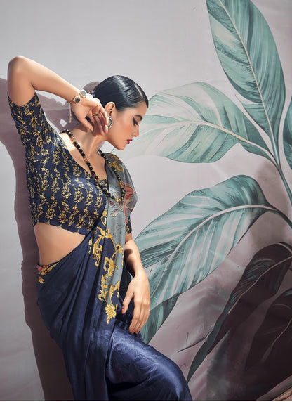 Dark Blue Crape Digital Printed Casual Wear Saree