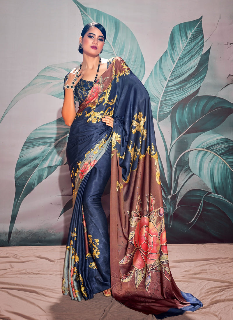 Dark Blue Crape Digital Printed Casual Wear Saree