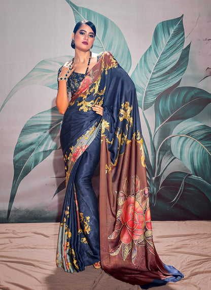 Dark Blue Crape Digital Printed Casual Wear Saree