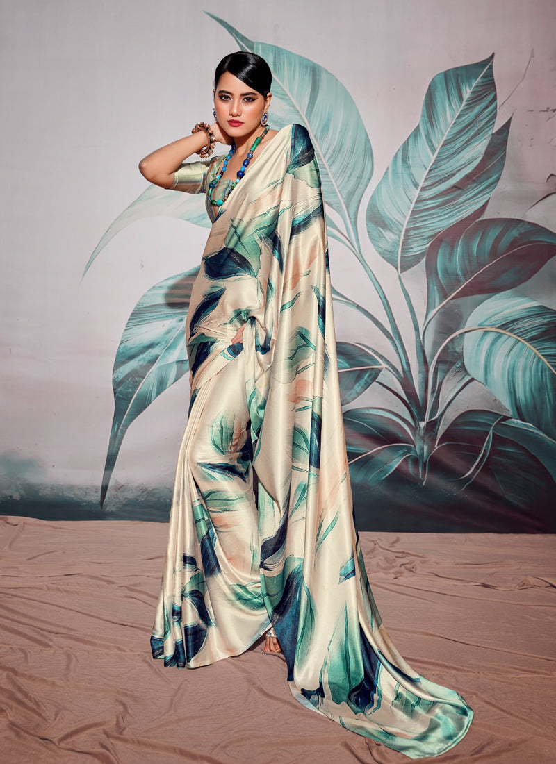 Beige Crape Digital Printed Casual Wear Saree