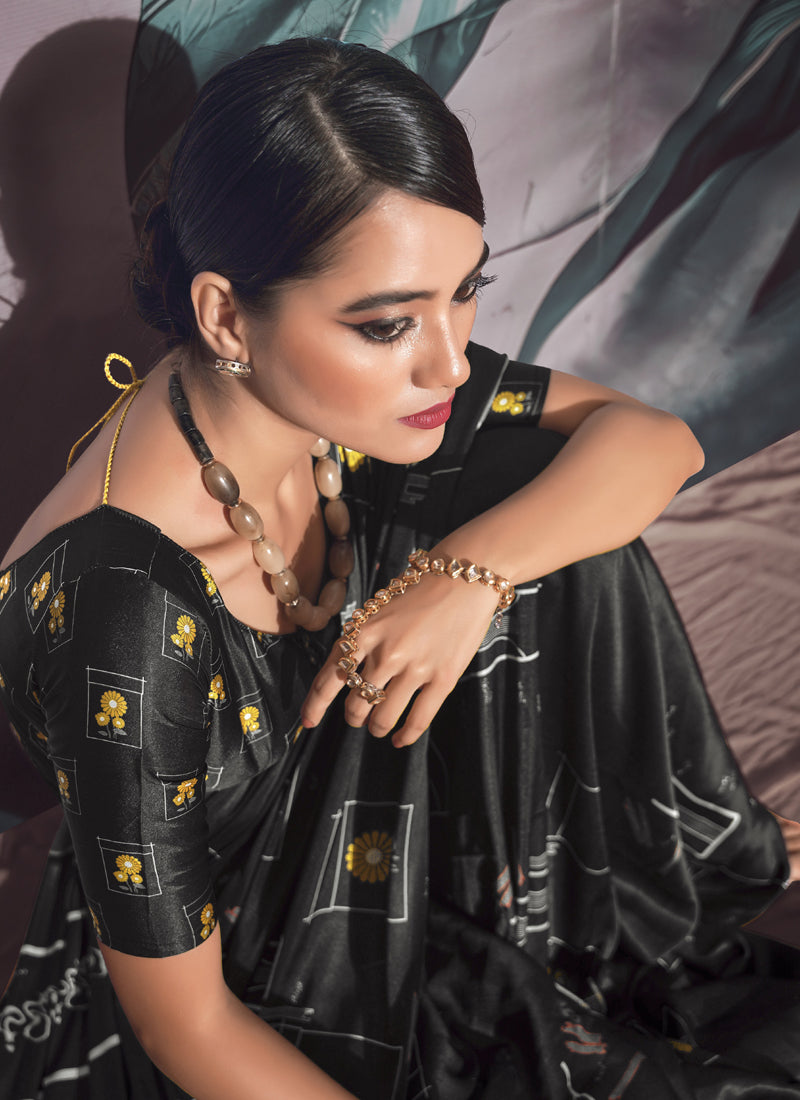 Black Crape Digital Printed Casual Wear Saree
