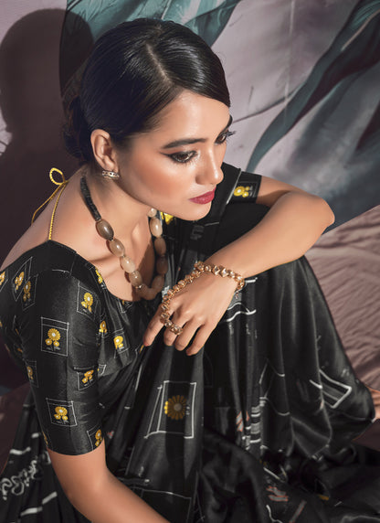 Black Crape Digital Printed Casual Wear Saree