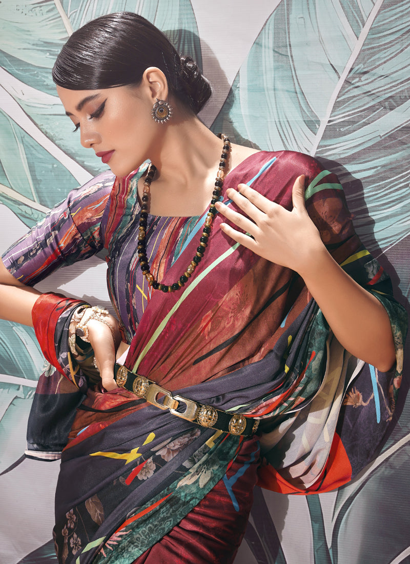 Red & Multicolor Crape Digital Printed Casual Wear Saree