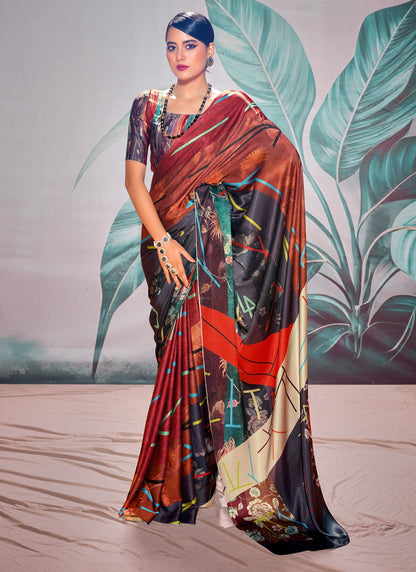 Red & Multicolor Crape Digital Printed Casual Wear Saree