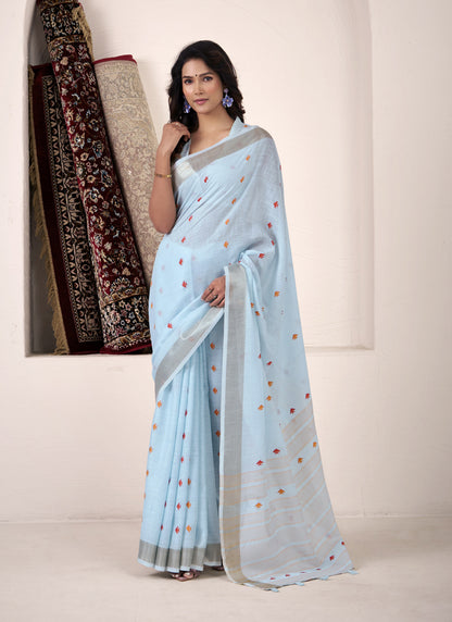 Sky Blue Linen Beautiful Tussle On Pallu Casual Wear Saree