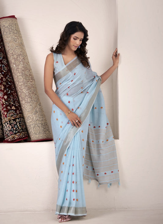 Sky Blue Linen Beautiful Tussle On Pallu Casual Wear Saree