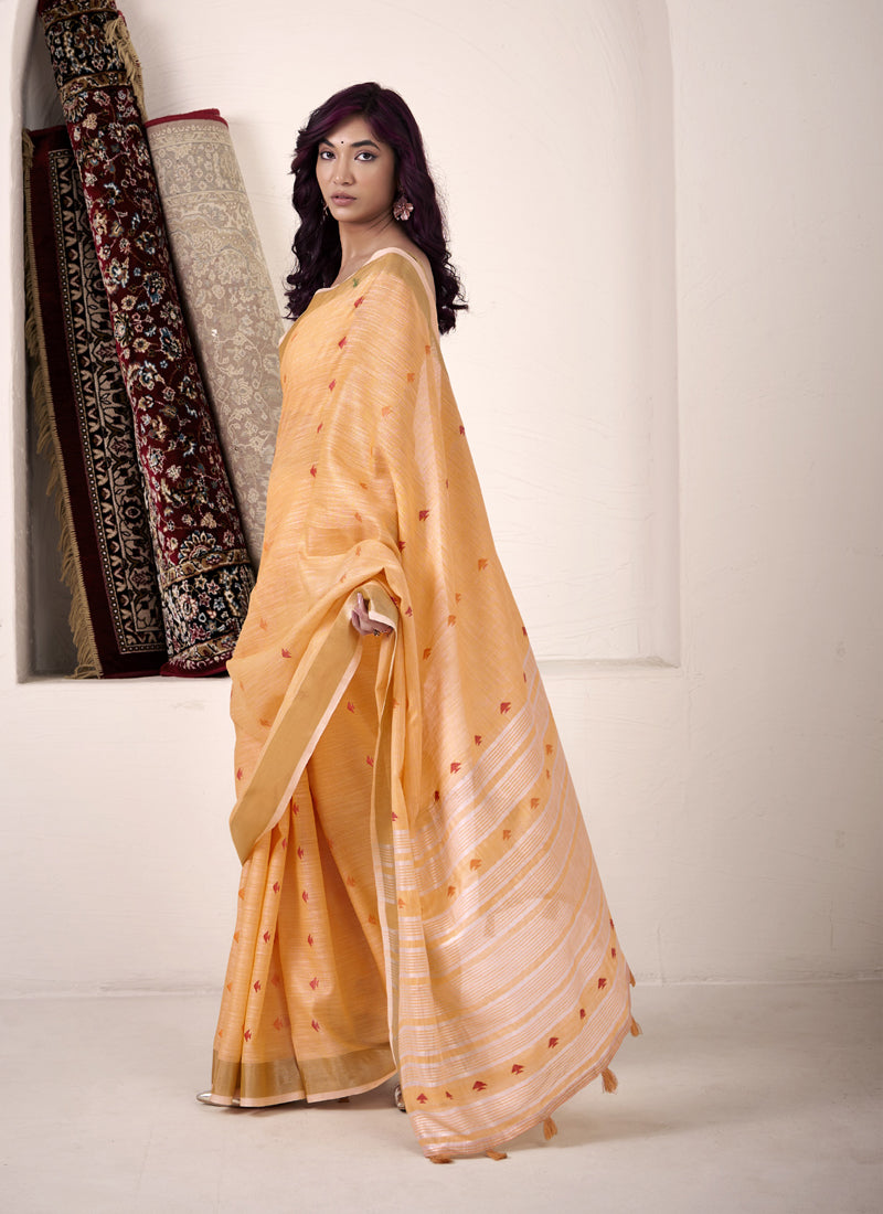 Orange Linen Beautiful Tussle On Pallu Casual Wear Saree