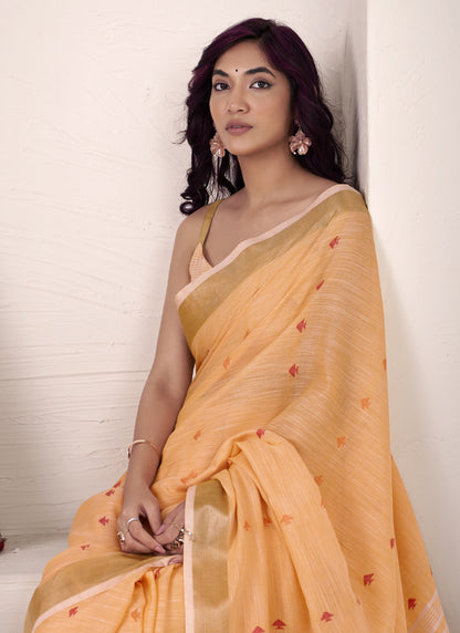 Orange Linen Beautiful Tussle On Pallu Casual Wear Saree