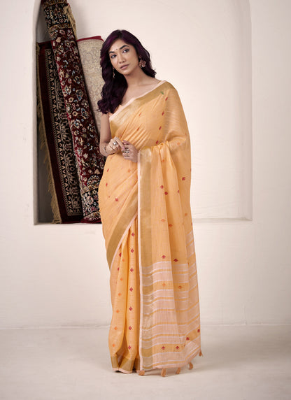 Orange Linen Beautiful Tussle On Pallu Casual Wear Saree