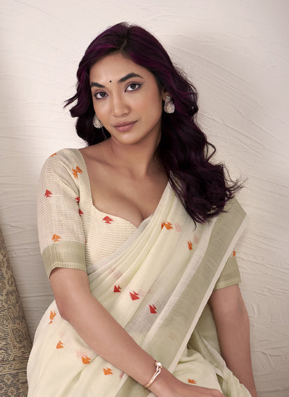 Off-White Linen Beautiful Tussle On Pallu Casual Wear Saree