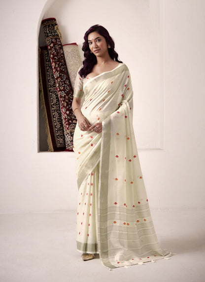 Off-White Linen Beautiful Tussle On Pallu Casual Wear Saree