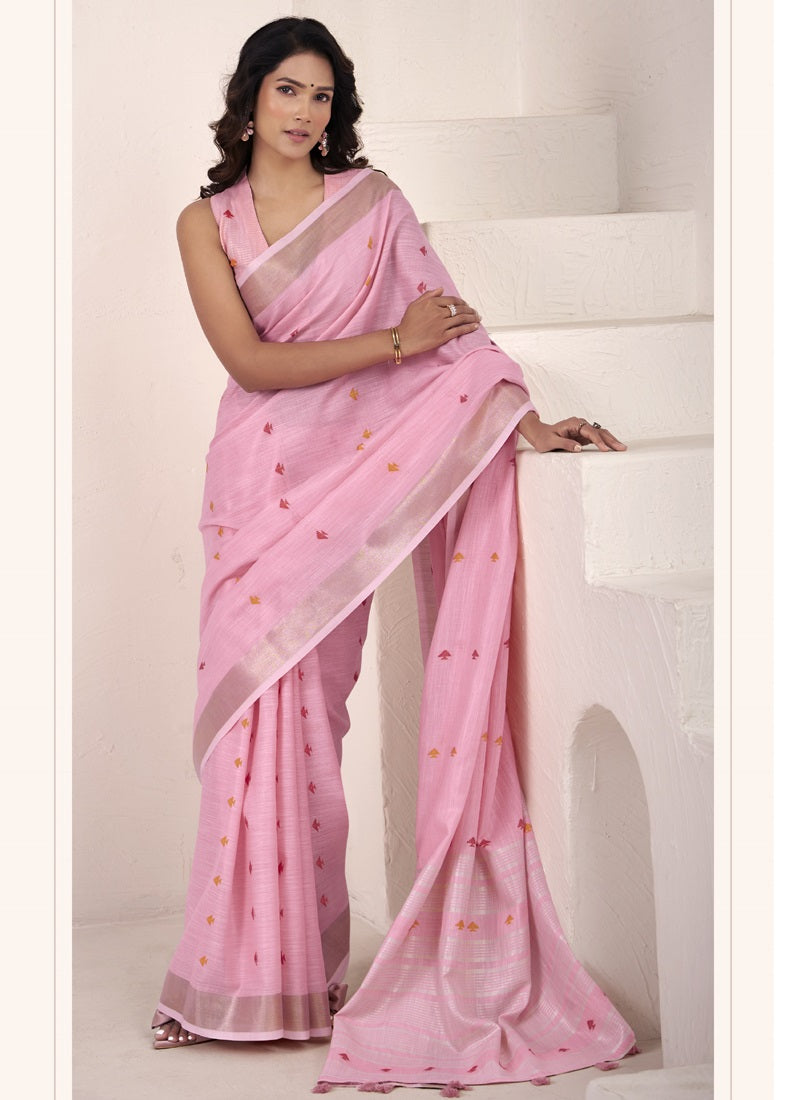 Baby Pink Linen Beautiful Tussle On Pallu Casual Wear Saree