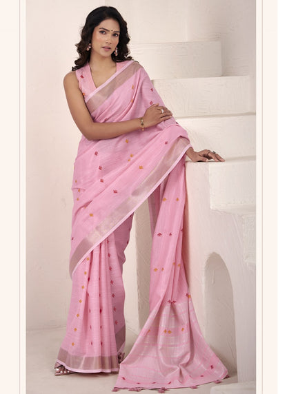Baby Pink Linen Beautiful Tussle On Pallu Casual Wear Saree