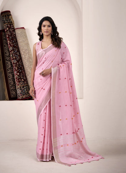 Baby Pink Linen Beautiful Tussle On Pallu Casual Wear Saree