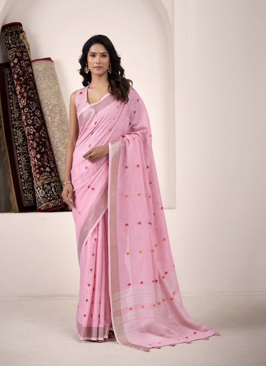 Baby Pink Linen Beautiful Tussle On Pallu Casual Wear Saree
