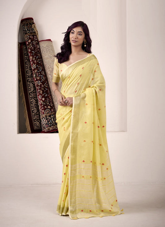 Lemon Linen Beautiful Tussle On Pallu Casual Wear Saree