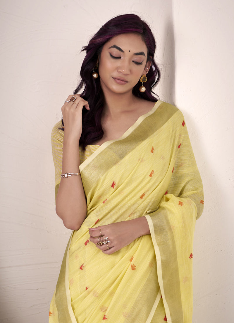 Lemon Linen Beautiful Tussle On Pallu Casual Wear Saree