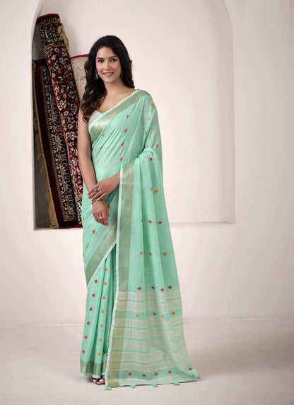 Turquoise Linen Beautiful Tussle On Pallu Casual Wear Saree