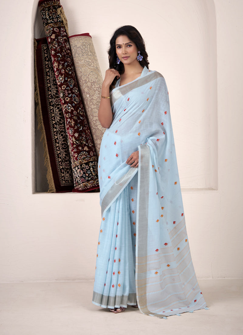 Linen Silk Saree With Elegant Woven Border Lightweight Festive Wear