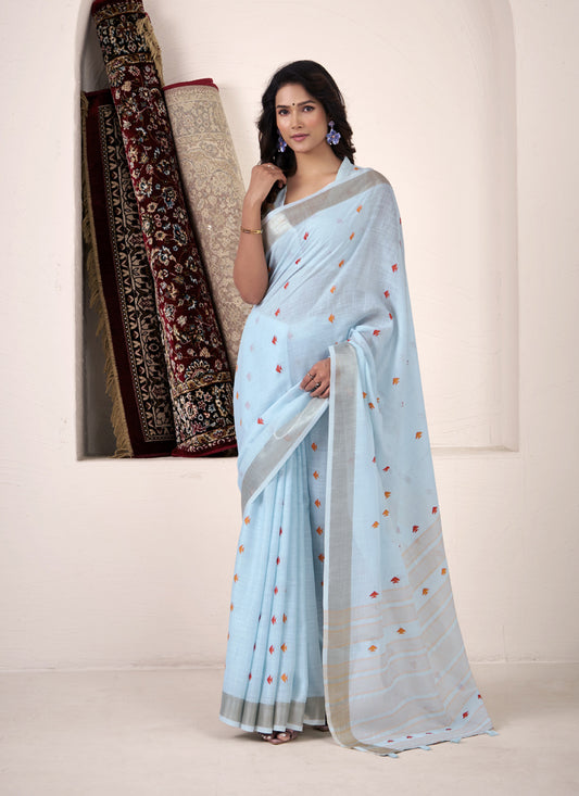 Linen Silk Saree With Elegant Woven Border Lightweight Festive Wear