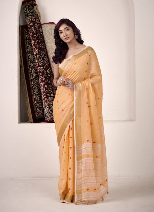 Linen Silk Saree With Elegant Woven Border Lightweight Festive Wear