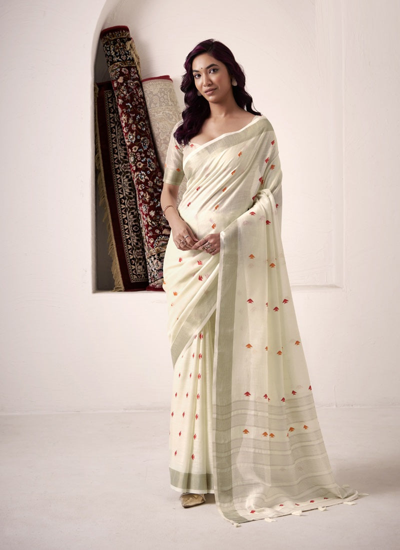 Linen Silk Saree With Elegant Woven Border Lightweight Festive Wear
