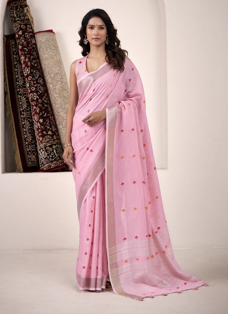 Linen Silk Saree With Elegant Woven Border Lightweight Festive Wear