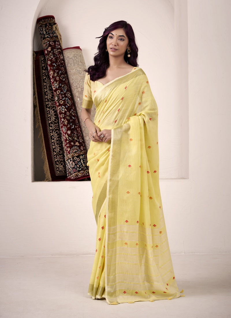 Linen Silk Saree With Elegant Woven Border Lightweight Festive Wear
