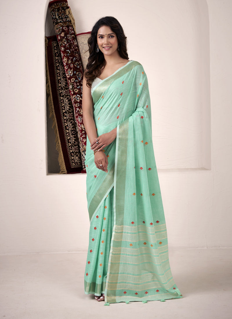 Linen Silk Saree With Elegant Woven Border Lightweight Festive Wear