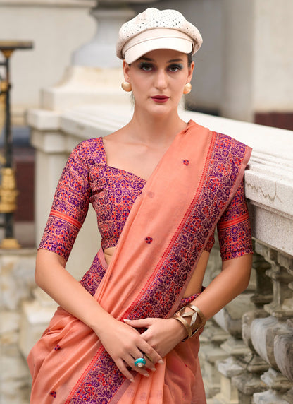 Light Peach Soft Linen Cotton With Weaved Pallu & Blouse Casual Wear Saree