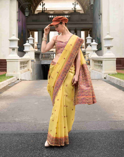 Light Yellow Soft Linen Cotton With Weaved Pallu & Blouse Casual Wear Saree