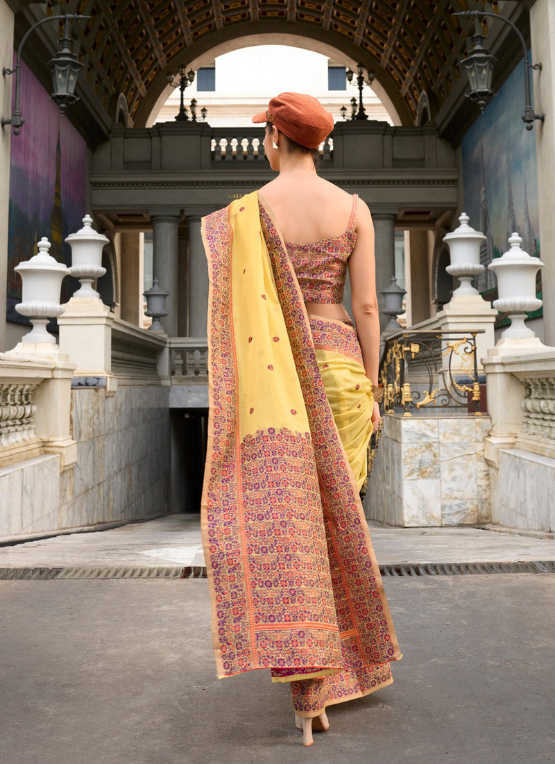 Light Yellow Soft Linen Cotton With Weaved Pallu & Blouse Casual Wear Saree