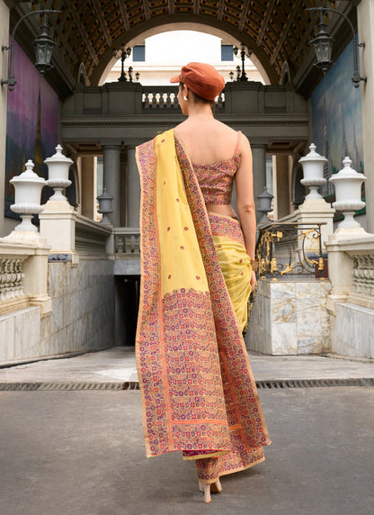 Light Yellow Soft Linen Cotton With Weaved Pallu & Blouse Casual Wear Saree