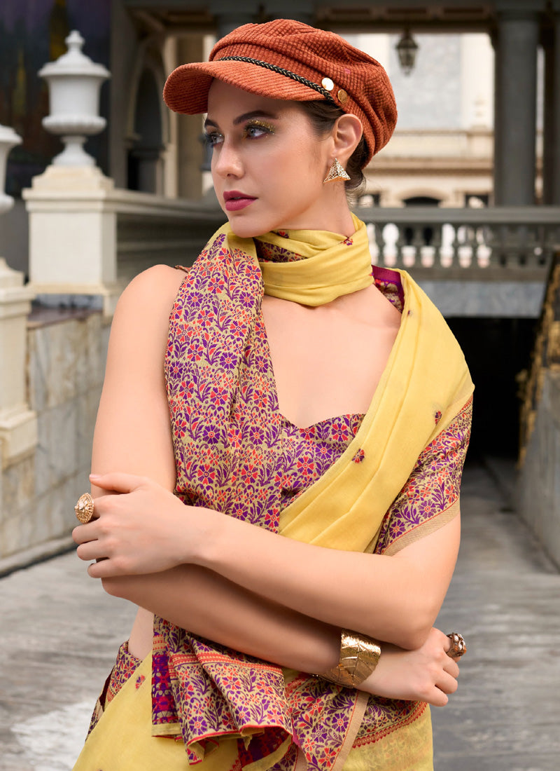 Light Yellow Soft Linen Cotton With Weaved Pallu & Blouse Casual Wear Saree