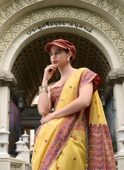 Light Yellow Soft Linen Cotton With Weaved Pallu & Blouse Casual Wear Saree