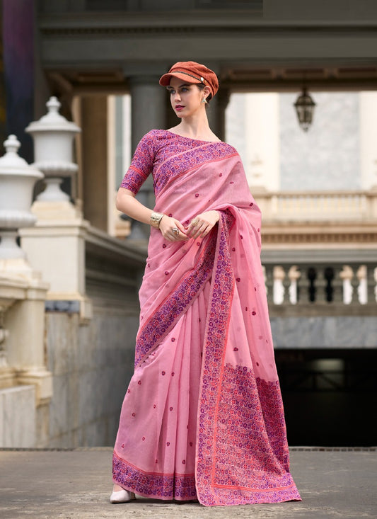 Baby Pink Soft Linen Cotton With Weaved Pallu & Blouse Casual Wear Saree