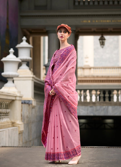 Baby Pink Soft Linen Cotton With Weaved Pallu & Blouse Casual Wear Saree