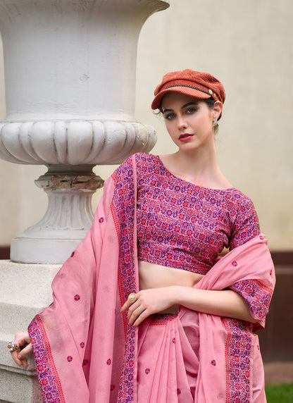 Baby Pink Soft Linen Cotton With Weaved Pallu & Blouse Casual Wear Saree