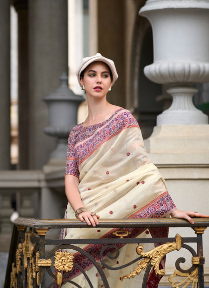 Off White Soft Linen Cotton With Weaved Pallu & Blouse Casual Wear Saree