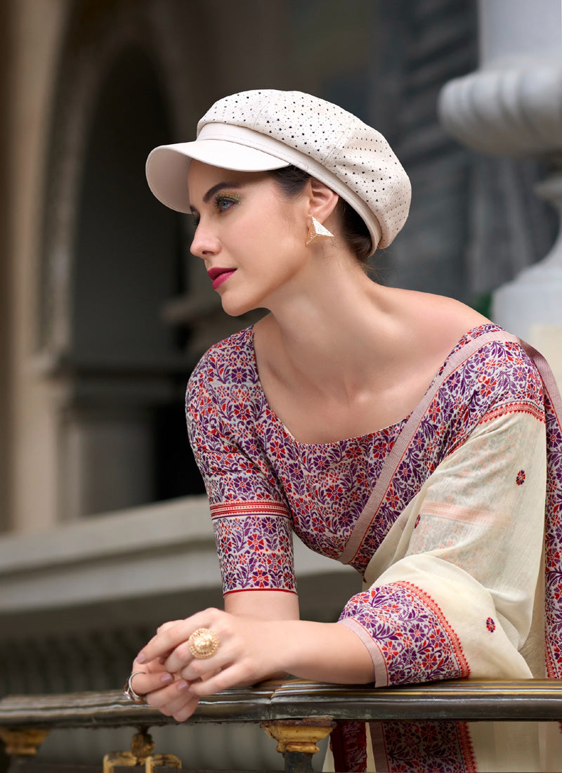 Off White Soft Linen Cotton With Weaved Pallu & Blouse Casual Wear Saree