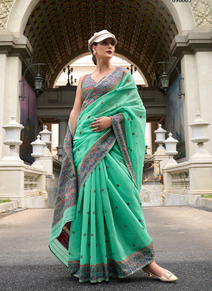 Turquoise Soft Linen Cotton With Minakari Pallu & Blouse Casual Wear Saree