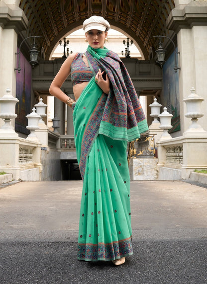 Turquoise Soft Linen Cotton With Minakari Pallu & Blouse Casual Wear Saree