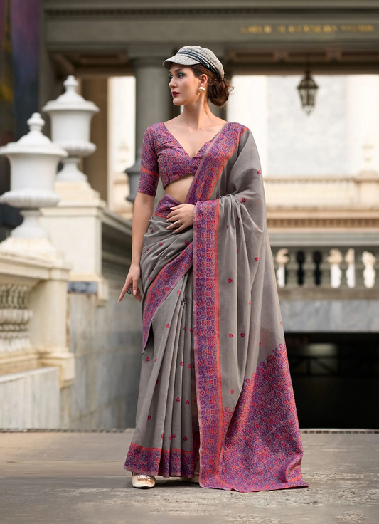 Gray Soft Linen Cotton With Minakari Weaved Pallu & Blouse Casual Wear Saree