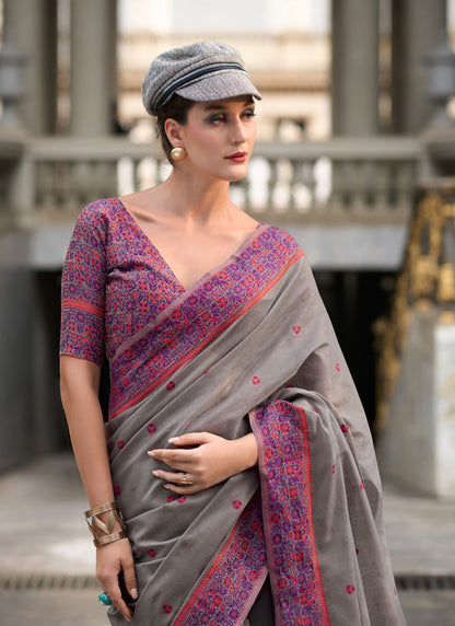 Gray Soft Linen Cotton With Minakari Weaved Pallu & Blouse Casual Wear Saree