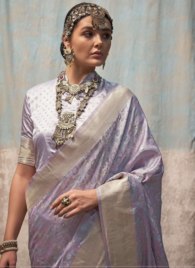 Light Lavender Satin Weaving Silk With Tassels Beautiful Saree