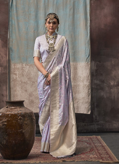 Light Lavender Satin Weaving Silk With Tassels Beautiful Saree