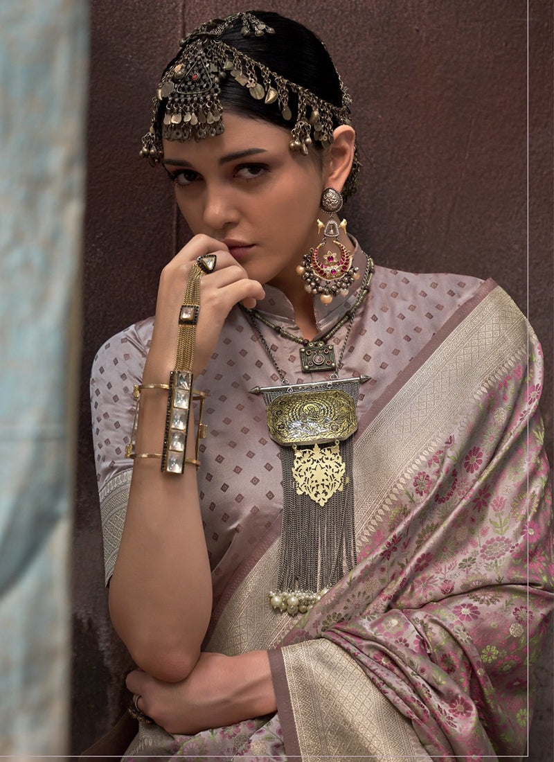 Onion Pink Satin Weaving Silk With Tassels Beautiful Saree