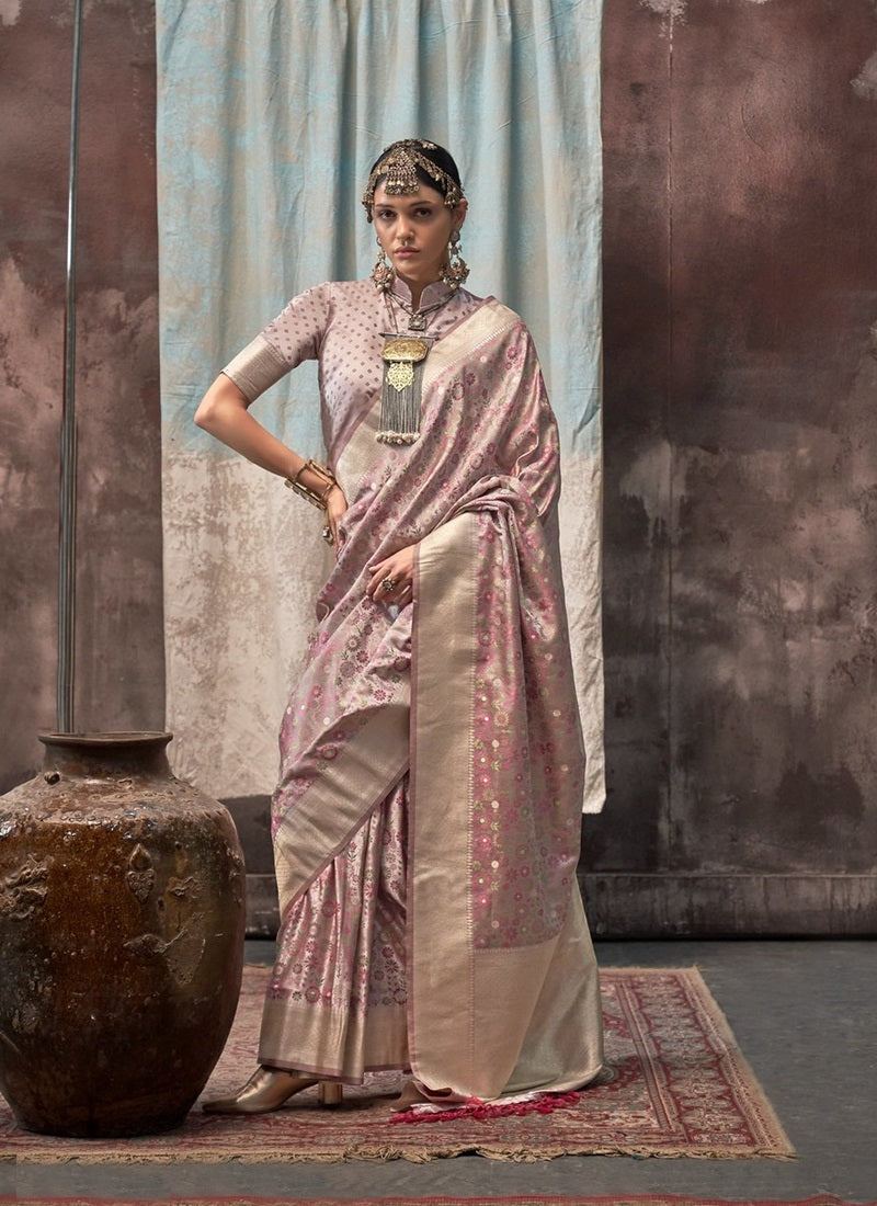 Onion Pink Satin Weaving Silk With Tassels Beautiful Saree