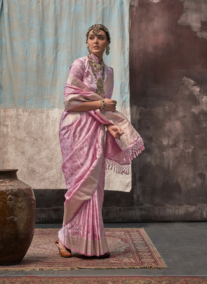 Light Pink Satin Weaving Silk With Tassels Beautiful Saree