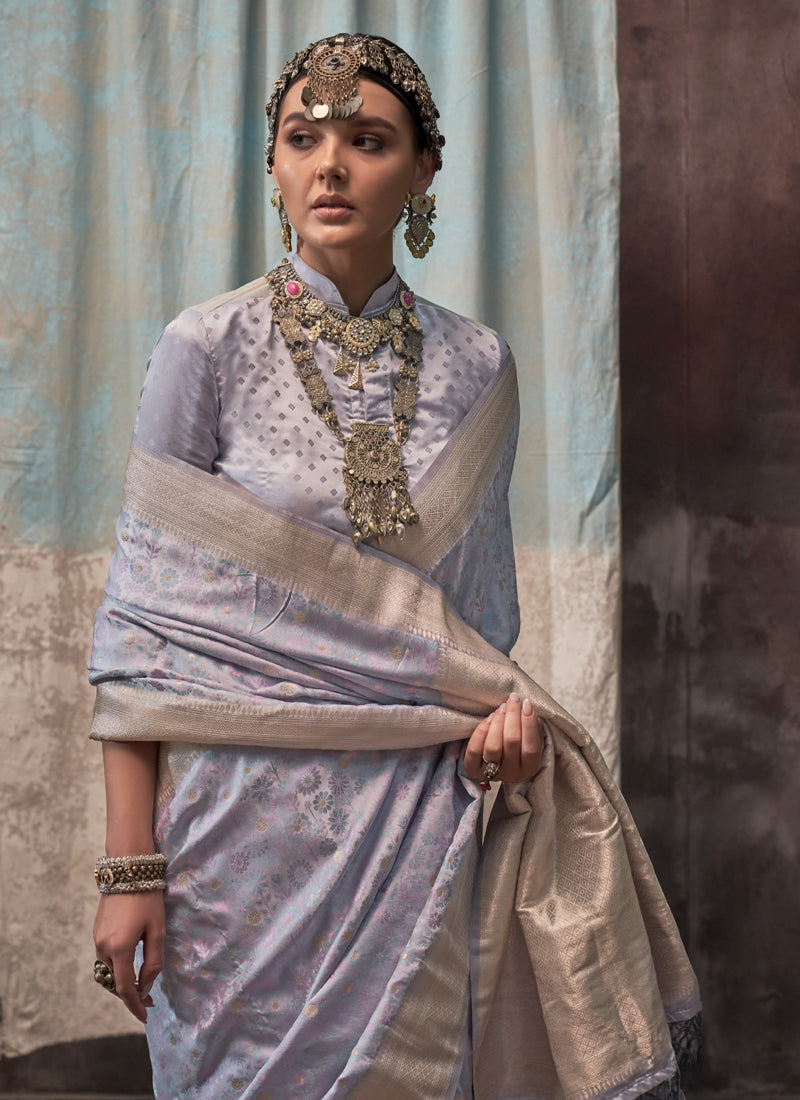 Light Blue Satin Weaving Silk With Tassels Beautiful Saree